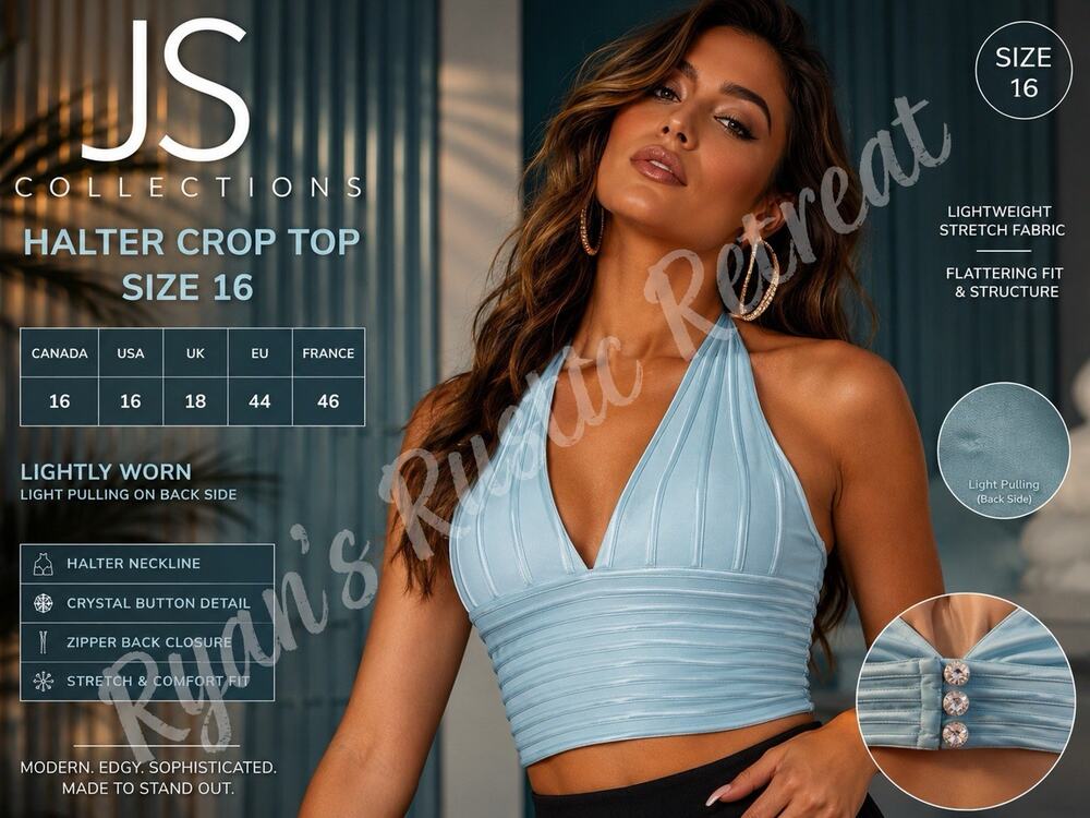 JS Collections Light Blue Halter Crop Top Size 16 Stretch Rhinestone DK